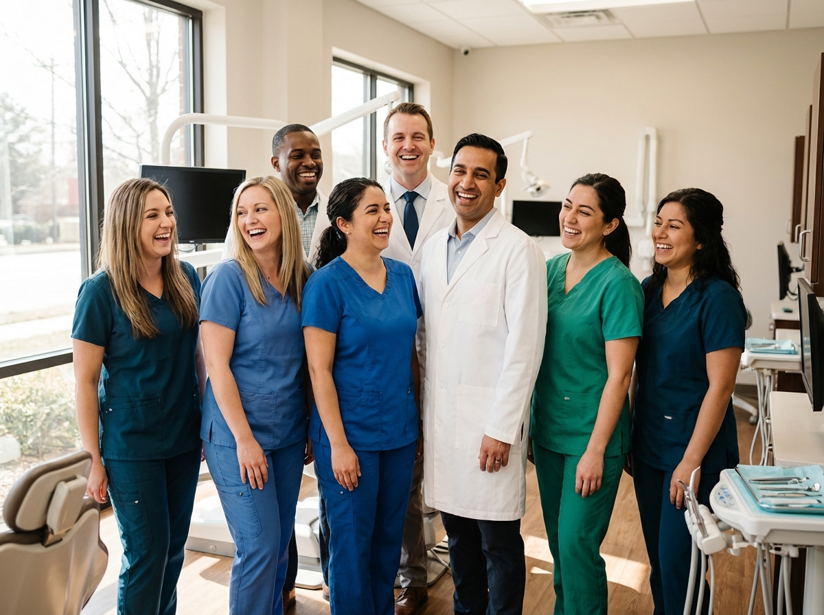 Maine Dental Group team of dentists, hygienists, and support staff smiling together in a modern dental office
