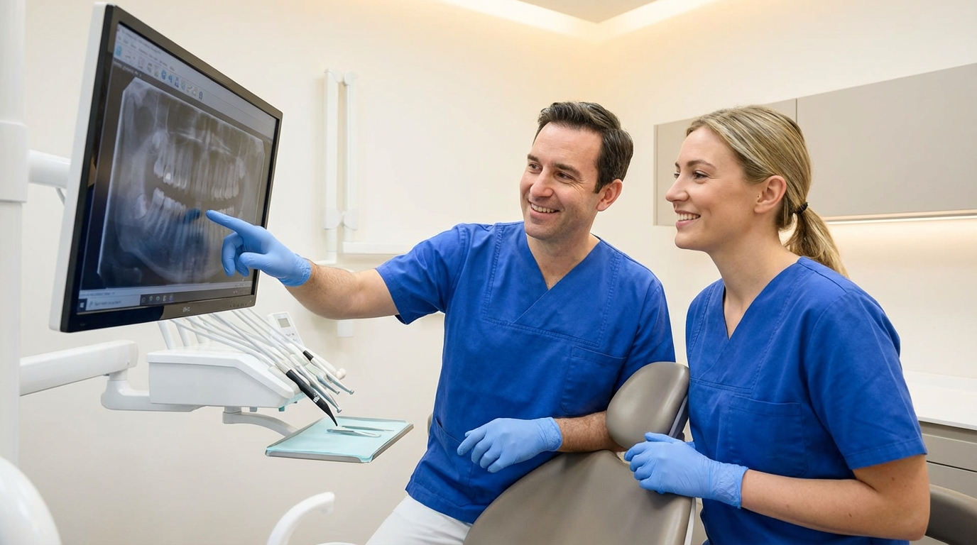 Two dental professionals collaborating together in a modern treatment room