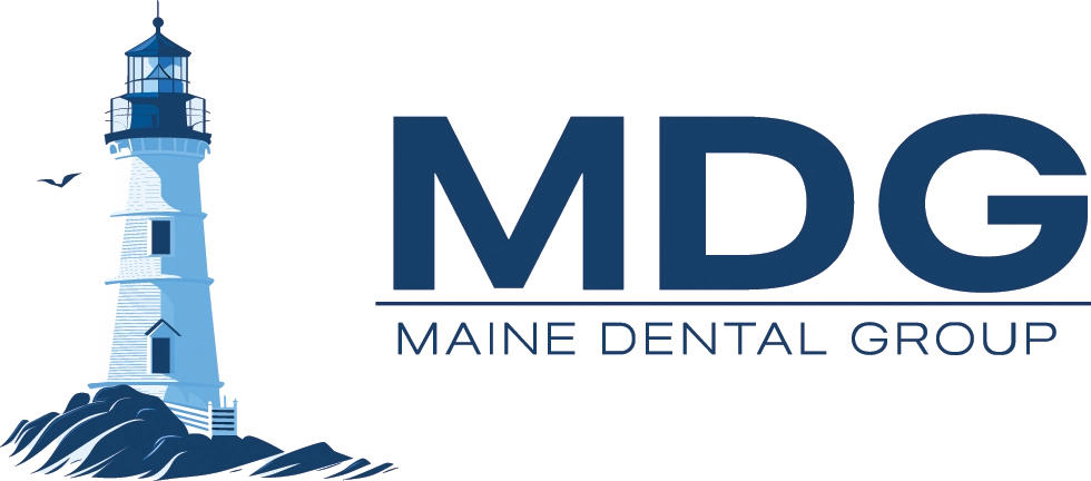 Maine Dental Group Logo, it is blue and has a lighthouse.